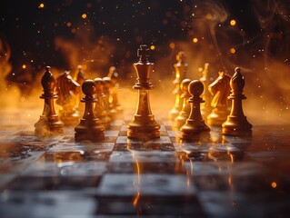 Dramatic chessboard scene with pieces in focus, surrounded by smoke and light. Ideal for depicting strategy, competition, and intellectual pursuits.