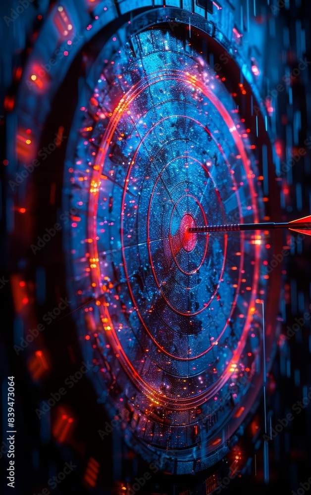 Poster high-tech digital target with futuristic elements, glowing in blue and red lights, symbolizing preci
