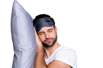 Close-up portrait of his he nice-looking attractive bearded guy drowsiness sleeping quietly calmly...