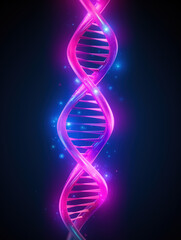 Purple DNA strand with neon glow effect and sparkles, on black background. Abstract representation of shiny, glowing DNA molecule. Science and research concept.