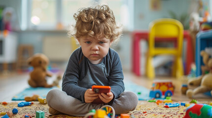 child - boy sitting on the phone, gadget addiction