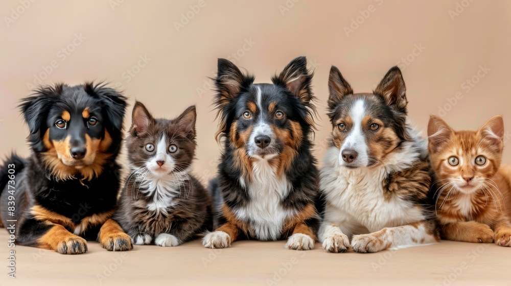 Poster assorted cats and dogs in studio setting on beige gradient background with copy space