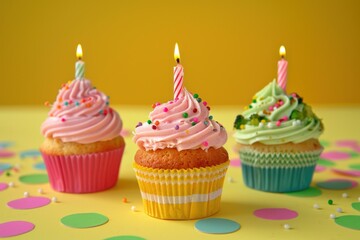 Celebration concept three cupcakes with candles on polka dot table with confetti and party theme