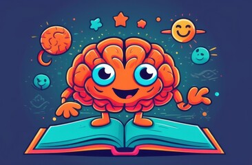 Cartoon brain standing on the book