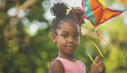 Summer Fun: African American Little Girl Soaring with her Kite in the Park