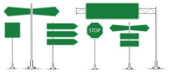Set of road signs isolated on a white background. Green traffic signs.Blank board with place for text. Isolated information sign. Vector illustration.