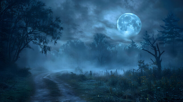 A mysterious forest with a moonlit path and fog, creating a spooky Halloween backdrop.