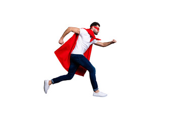 Full length body size view of his he nice-looking attractive content virile masculine sportive brutal bearded guy running fast isolated over gray pastel violet purple background