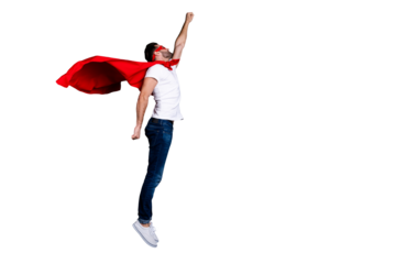 Full length body size profile side view of his he nice-looking attractive content strong powerful sportive macho bearded guy rising hand up flying isolated over gray pastel background