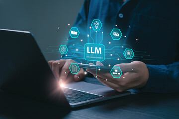 LLM, AI Large Language Model concept. Businessman holding a smartphone with LLM icons on virtual...