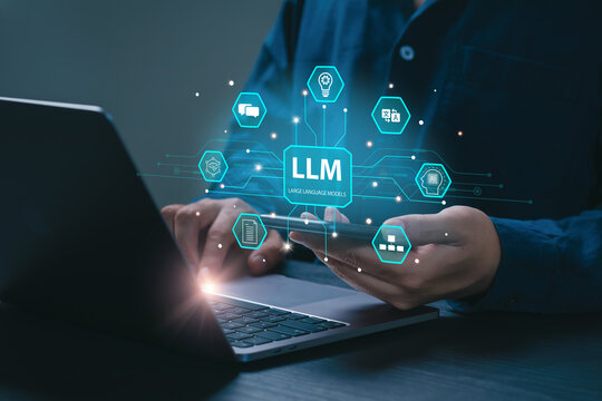 LLM, AI Large Language Model concept. Businessman holding a smartphone with LLM icons on virtual screen. A language model distinguished by its general-purpose language generation capability. Chat AI.