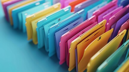 Organized file folders in vibrant colors on a shelf