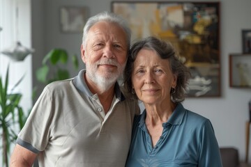 Portrait of a blissful caucasian couple in their 70s wearing a sporty polo shirt over modern minimalist interior
