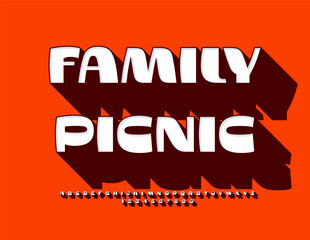 Vector advertising banner Family Picnic. Bright Font with Big Shadow. Creative Alphabet Letters and Numbers set. 