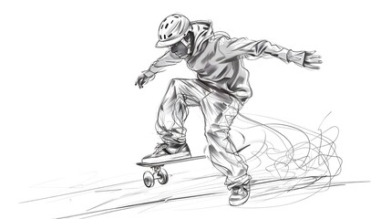 Roller Skater Performing Tricks in Minimalist One-Line Sketch