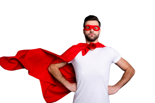 Portrait of his he nice-looking attractive content macho virile candid masculine brutal sportive perfect bearded guy hands on hips ready to rescue isolated over gray pastel background