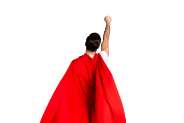 Rear back behind view portrait of his he nice cool content macho powerful guy life lifestyle goal purpose rising hand up isolated over gray violet purple pastel background