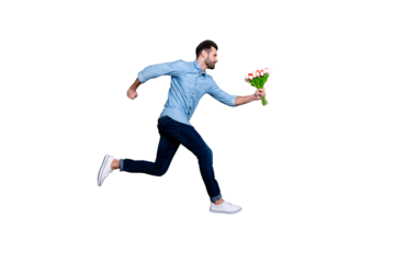 Full length body size view portrait of his he nice cool perfect strong content macho guy floral event delivery isolated over gray violet purple pastel background