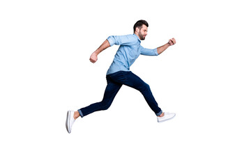 Full length body size profile side view portrait of his he nice-looking attractive cheerful guy having fun running fast isolated over gray violet purple pastel background