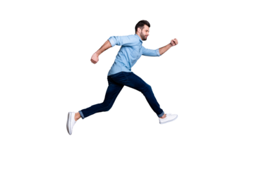 Full length body size profile side view portrait of his he nice-looking attractive cheerful guy having fun running fast isolated over gray violet purple pastel background
