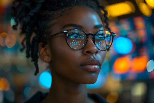 Young black female financier monitors stock market performance - Powered by Adobe