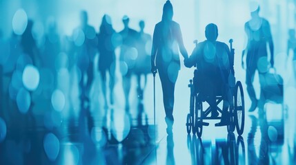 Diversity, equity and inclusion concept. DEIB. Person In Wheelchair Walking Through Crowd