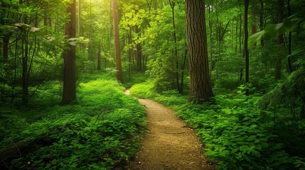A peaceful lush green forest with vibrant foliage, winding paths, and dappled sunlight. Serene mid-morning light showcases rich colors and detailed textures.