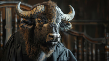 Naklejka premium Bull market justice. A powerful bull with imposing horns sits in a judge's chair, a gavel at its side, symbolizing the strength and authority of the market.