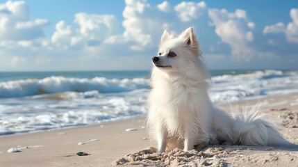 Japanese Spitz at the beach