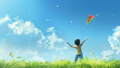 Joyful Asian Boy Soars with Kite on Blue Sky Background in Grass Field
