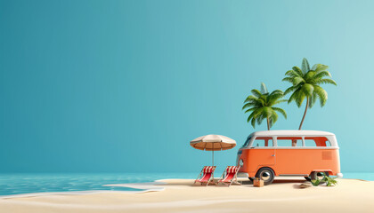 3D rendering of a cartoon travel bus on the beach with palm trees. Concept of summer vacation and fun by AI generated image