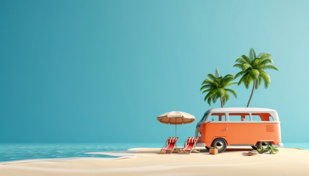 3D rendering of a cartoon travel bus on the beach with palm trees. Concept of summer vacation and fun by AI generated image