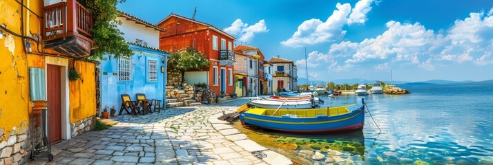 Explore the enchanting seaside village with vibrant houses, cobblestone streets, and bustling harbor in midday sun. 