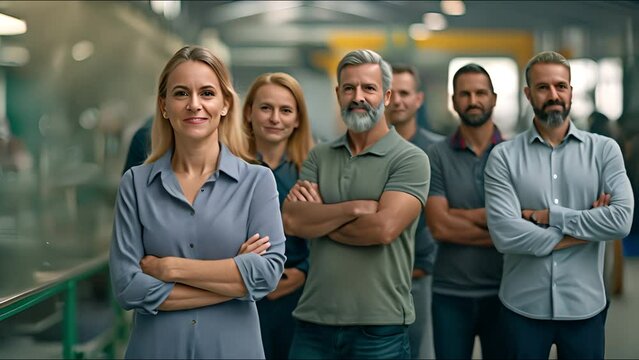 A group of cheerful and diverse coworkers are arranged in a row at the contemporary metalwork warehouse facility.