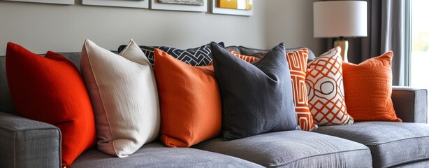 Craftcore Custom Pillows: Timeless Artistry in Navy and Maroon on Black and Gray Couch with White and Orange Accents by Jon J Muth
