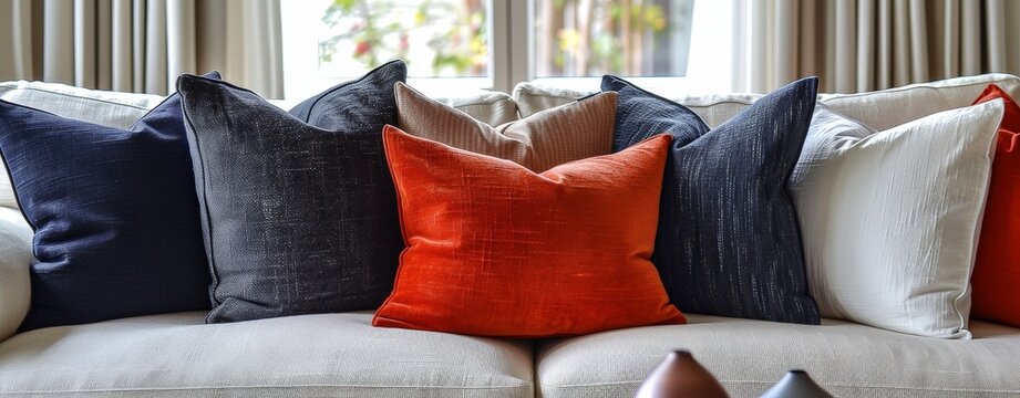 Contemporary Custom Pillows Adorning Black and Gray Couch with Timeless Craftcore and Contrived Elegance in Navy, Maroon, White, and Orange Style