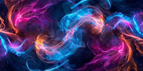 Color ful of swirling neon lights against a dark background in this ethereal and vibrant abstract image. Abstract and background.