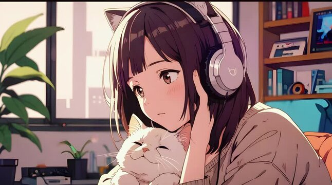 Cute lofi young girl headphone city Love Passion, lofi hip hop music Atmospheric chill and relaxed. Japanese Manga Anime-style Seamless loop Lofi aesthetic Music background wallpaper video animated