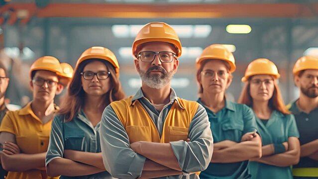 A group of cheerful and diverse coworkers are arranged in a row at the contemporary metalwork warehouse facility.