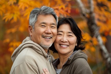 Fototapeta premium Portrait of a blissful asian couple in their 60s wearing a zip-up fleece hoodie over background of autumn leaves