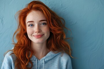 Fototapeta premium Redhead woman blue hoodie freckles