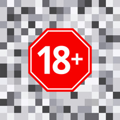 18 sign warning symbol isolated, 18 plus, censored, eighteen age older adult content. Censored pixel effect. Censor blur effect for sensitive 18 plus content. Vector illustration.