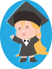 Happy cute little kid girl graduate, Smiling Girl Character in Academic Gown and Square Cap Delighted with Graduation Ceremony Vector Illustration