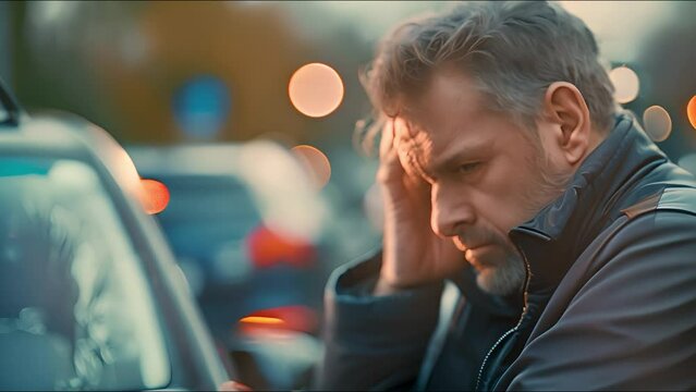 A man in an automobile accident with his head hung. Man regrets the harm he caused in the collision