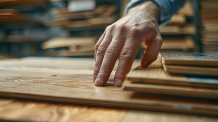 Male selects wooden floor of the sample in the specialized trade