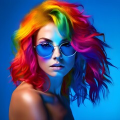 Fototapeta premium A woman in colorful sunglasses with reflective lens, portrait of a woman in sunglasses