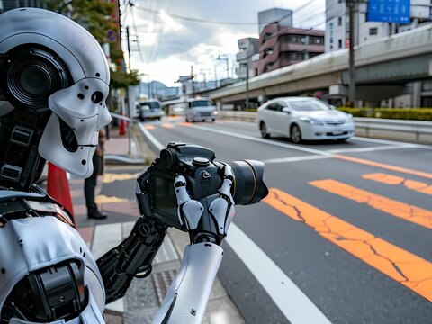 AI-Generated image of A robot is taking a picture of a car on a street. The robot is white and black and has a skull on its head