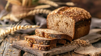 Artisan whole grain bread with seeds and grains visible in the crust, sliced and displayed on a wooden table, wholesome and hearty
