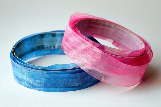 Pair of tapes, pink and blue, on white surface
