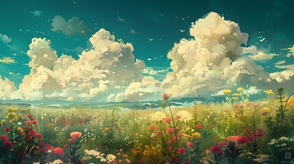 Vibrant Floral Meadow with Dramatic Cloudy Sky in Scenic Countryside Landscape